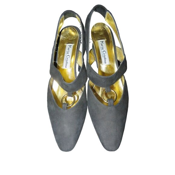 Maria Cristina Black Italian Suede Leather T Strap Pointed Toe Kitten Heels 7.5 - Picture 2 of 11